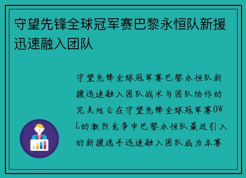 守望先锋全球冠军赛巴黎永恒队新援迅速融入团队