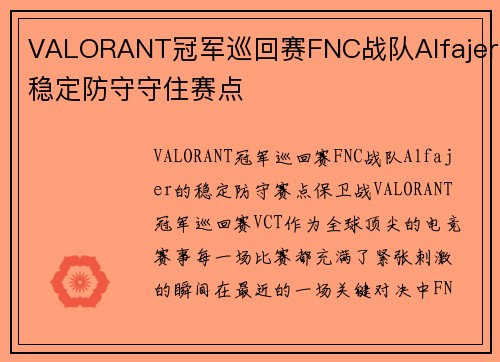 VALORANT冠军巡回赛FNC战队Alfajer稳定防守守住赛点